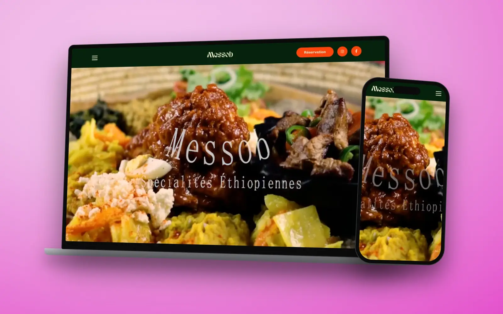 Le site du Restaurant Messob sur un ordinateur portable et un téléphone