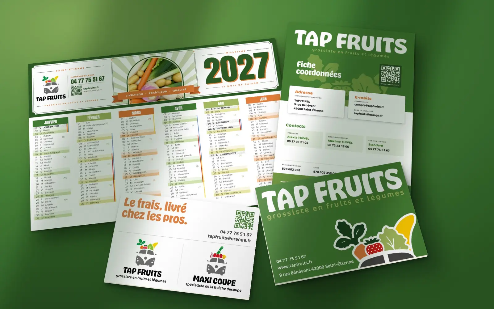 Calendrier 2027, fiche de coordonnées et cartes de visite TAP Fruits sur un fond vert